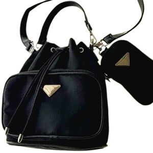 Black Nylon Drawstring Bucket Crossbody Bag